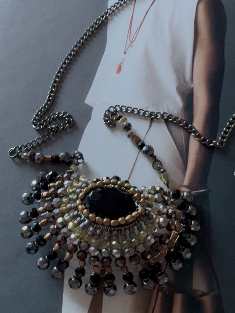 Beaded Statement Necklace with Black Center